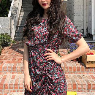 Puff-sleeve Drawstring Floral Long Dress