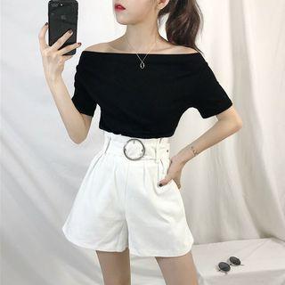 Plain Off-shoulder Short-sleeve Top / High-waist Shorts