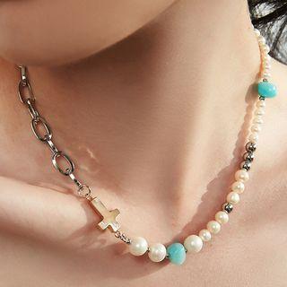 Cross Necklace 1 Piece - Necklace - Stone - White & Blue - One Size
