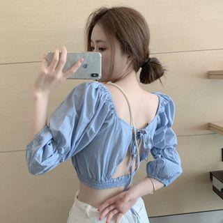 Square Collar Puff-sleeve Top