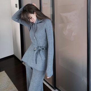 Plain Turtle-neck Long-sleeve Knit Top / High-waist Knit Pants