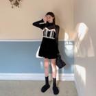 Plain Turtle-neck Long-sleeve Slim-fit Knit Top / Lace Velvet Sleeveless Dress