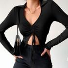 Long-sleeve Drawstring Slit T-shirt