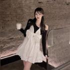 Long-sleeve Asymmetric Shoulder Plain Top / Bow Accent Halter Dress
