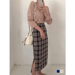Dip-back Plaid Long Skirt