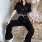 Short-sleeve Denim Crop Shirt / High Waist Jeans
