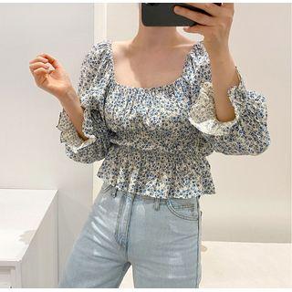 Square-neck Floral Print Blouse As Shown In Figure - One Size