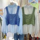 Set: Mock-turtleneck Ruched Blouse + Cropped Knit Camisole Top
