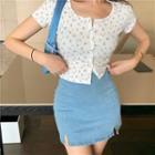 Flower Print Short-sleeve T-shirt / Denim Mini Pencil Skirt