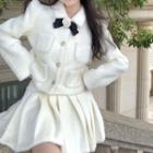 Floral Bow Fluffy Shirt Jacket / Pleated Mini A-line Skirt