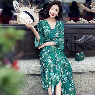 Floral Print Bell-sleeve Maxi Chiffon Dress