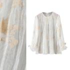 Long-sleeve Crinkled Embroidered Top