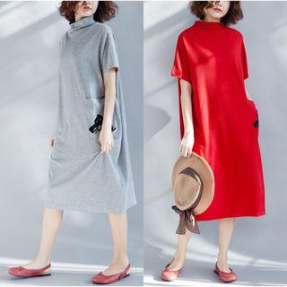 Funnel-neck Embroidered Short-sleeve Midi Dress