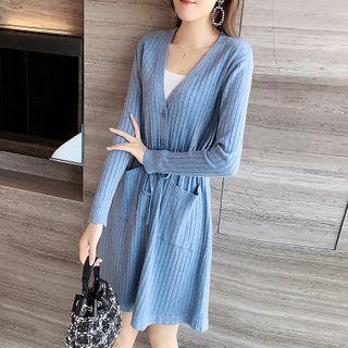 V-neck Drawstring-waist Knit Cardigan