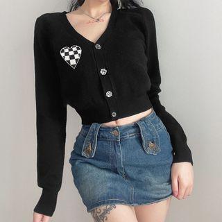 Checker Print Heart & Button Long Sleeve Cropped Cardigan