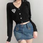 Checker Print Heart & Button Long Sleeve Cropped Cardigan