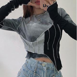 Irregular Tie-dye Print Panel Cropped T-shirt Gray & Black - One Size
