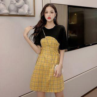 Mock Two Piece Plaid T-shirt Dress