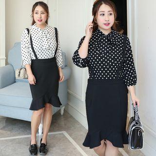 Set: Polka Dot Tie-neck Blouse + Suspender Skirt