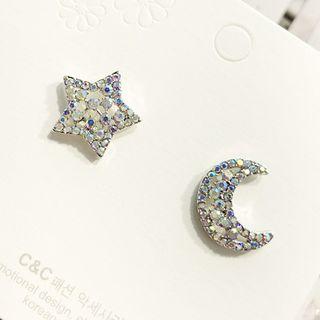 Rhinestone Moon & Star Earring As Shown In Figure - One Size