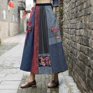 Pattern Panel Embroidered Midi A-line Skirt Navy Blue - One Size