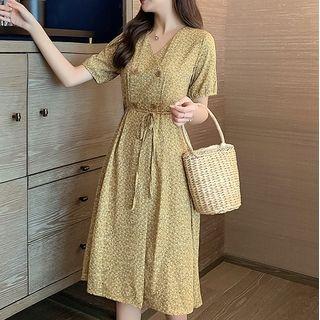 Tie-waist Double-buttoned Floral Chiffon Midi Dress