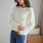 Crew-neck Flower-embroidered Knit Top