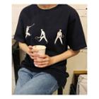 Elbow-sleeve Tennis Print Cotton T-shirt