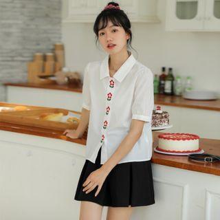 Short-sleeve Floral Embroidered Crop Shirt White - One Size