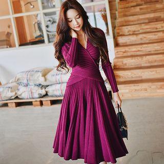 Set: V-neck Long-sleeve Knit Top + A-line Knit Skirt