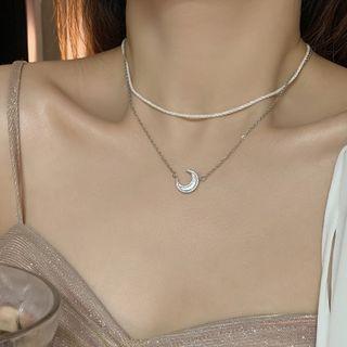 Rhinestone Moon Accent Choker Necklace Silver - One Size