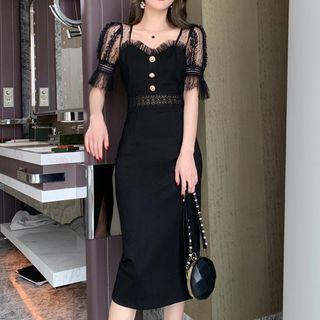 Puff-sleeve Mesh Embellished Midi Sheath Dress