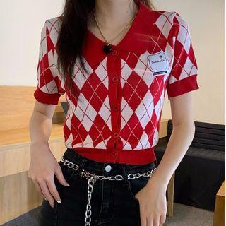 Argyle Cropped Knit Polo Shirt Red - One Size
