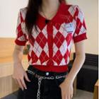 Argyle Cropped Knit Polo Shirt Red - One Size