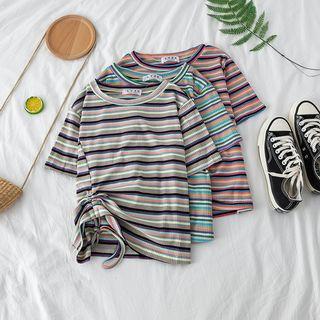 Ruched-side Striped Short-sleeve Top
