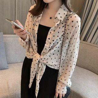 Long-sleeve Heart Print Lace-up Shirt