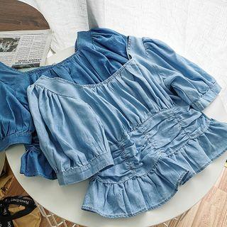 Square-neck Puff-sleeve Denim Cropped Blouse