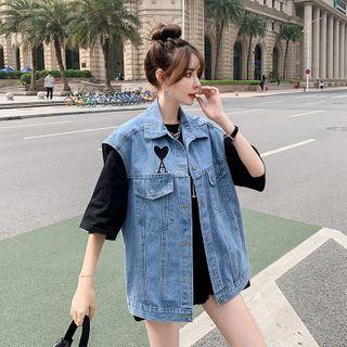 Embroidered Denim Button-up Vest