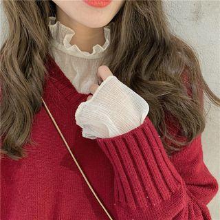 Long-sleeve Frill Trim Sheer Top Almond - One Size