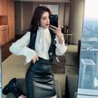 Chiffon Blouse / Faux Leather Vest / Skirt