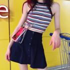Striped Halter Crop Top / Buttoned A-line Skirt