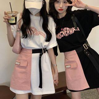 Elbow-sleeve Lettering T-shirt Dress / A-line Skirt