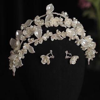 Set: Flower Faux Pearl Headband + Earring White - One Size