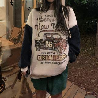 Two-tone Lettering Fleece Sweatshirt Almond - One Size