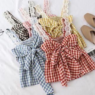 Lace Trim Gingham Bow Cropped Camisole Top