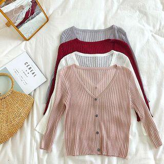 Plain Single-breasted V-neck Long-sleeve Light Cardigan