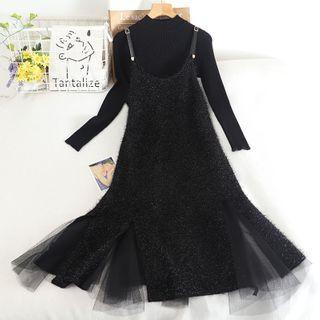 Set: Long-sleeve Knit Top + Mesh Panel Midi Overall Dress Black - One Size
