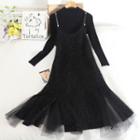 Set: Long-sleeve Knit Top + Mesh Panel Midi Overall Dress Black - One Size