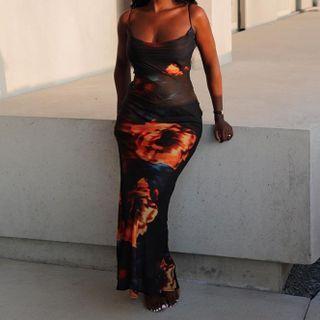 Cowl-neck Strappy Maxi A-line Dress
