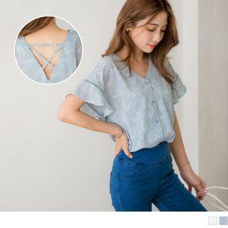 Cross-strap Print Ruffled Chiffon Top